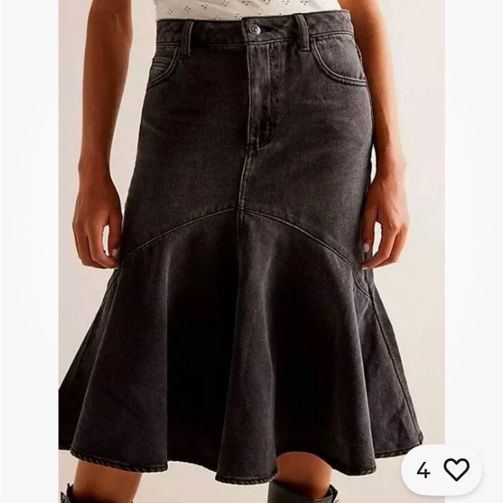 Free People Fishtail Denim Midi Skirt Black Size 28 Boho Modest Whimsygoth